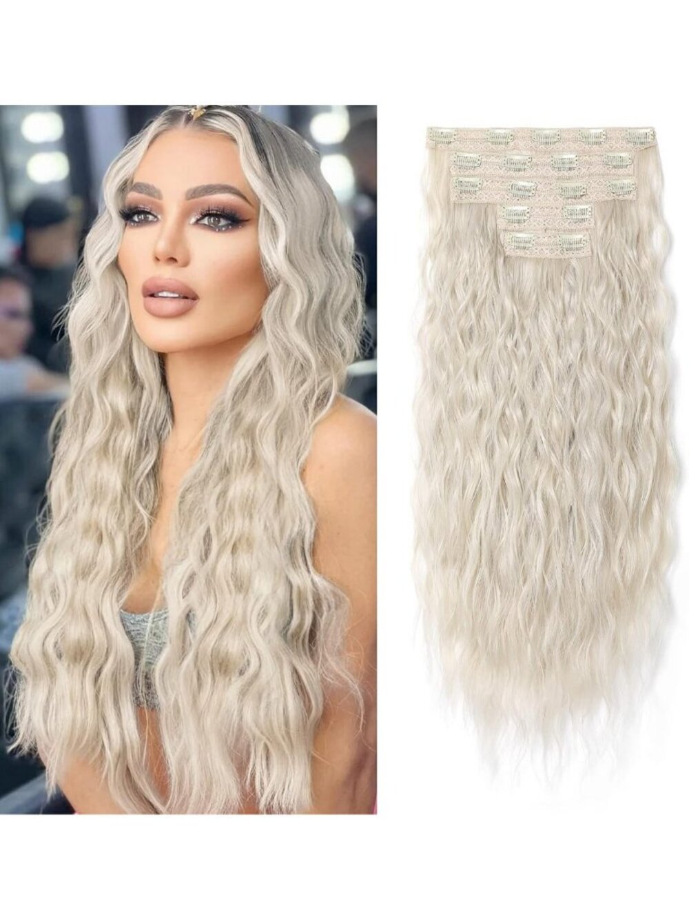 Blonde Clip-In Hair Extensions 24" Thick Loose Waves, Soft Natural Hairpieces